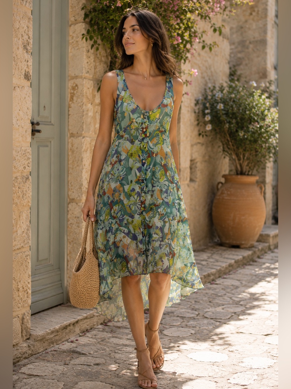 A/X Armani Exchange Green Blue Floral High-Low Midi Dress
